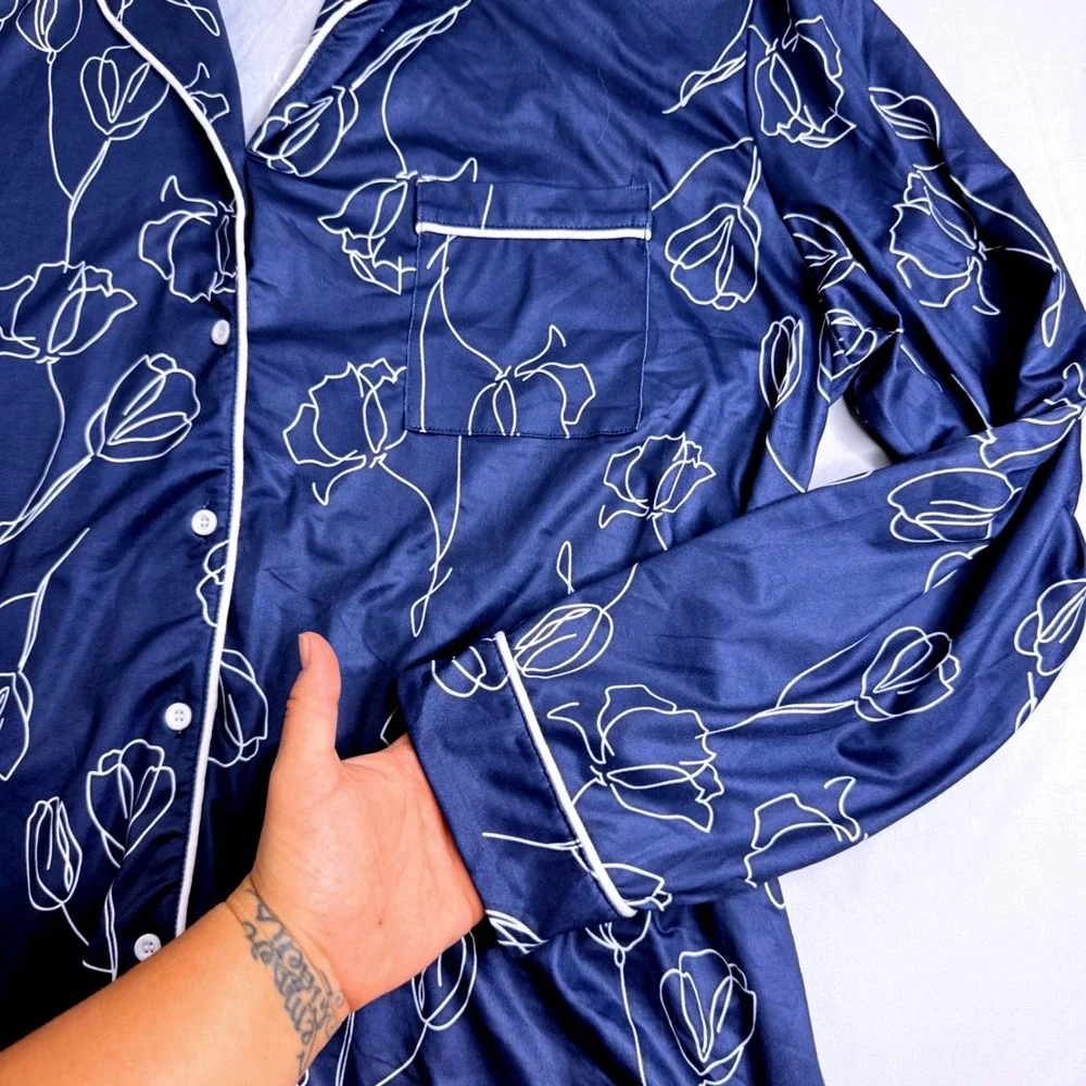 Tugeg Navy Blue Floral Satin Pajama Set White Tulip Print XL Two Piece Sleepwear